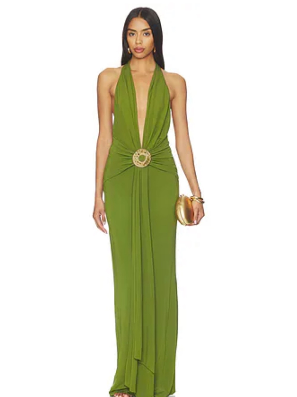 cult gaia Olive Green Halter Plunge Maxi with Gold Ring - Picture 1 of 1